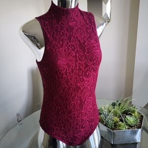 Burgundy Express Lace and Mesh Keyhole Bodysuit